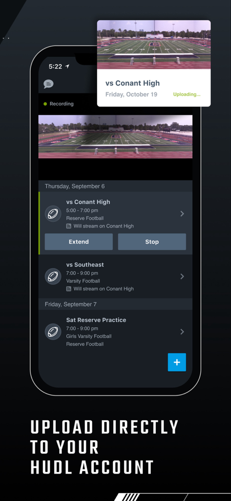 The Hudl Focus app interface showing a live football game recording being uploaded and a schedule of upcoming athletic events