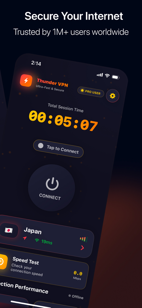 Thunder VPN - Proxy Unlimited - Thunder VPN app main screen showing a one-tap connect button and server location selection