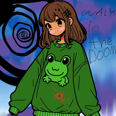 girl wearing frogging sweatshirt