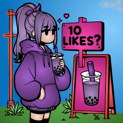 girl with oversized hoodie drinking boba and she has a high ponytail with a sign that says 10likes?