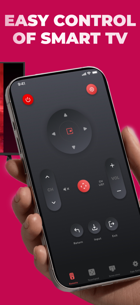 LG TVリモートコントロールアプリのインターフェースが表示されたiPhoneを持つ手