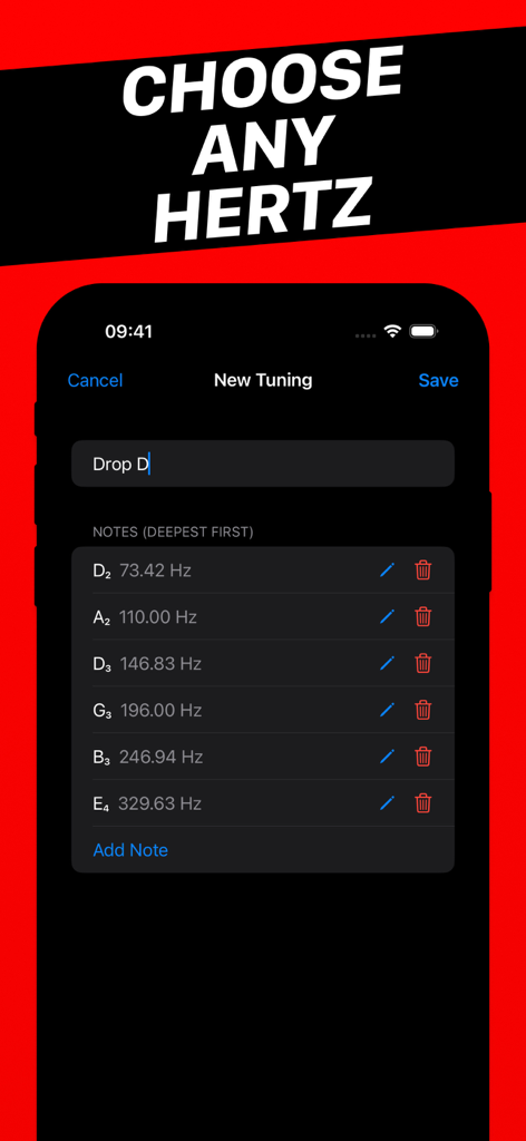 Kalimba Tuner - Kalimba Tuner app screen showing custom note frequencies in Hertz for a new Drop D tuning