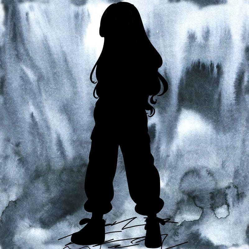 girl in baggy pants crop top and long hair