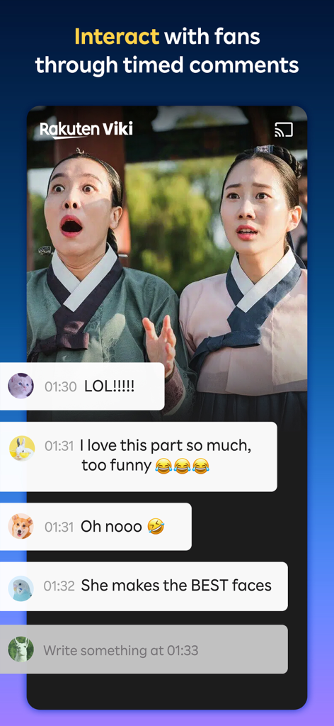 Viki: Asian Dramas, Movies, TV - Interface de l'application Viki montrant les commentaires chronométrés des fans sur une scène d'un drama coréen.