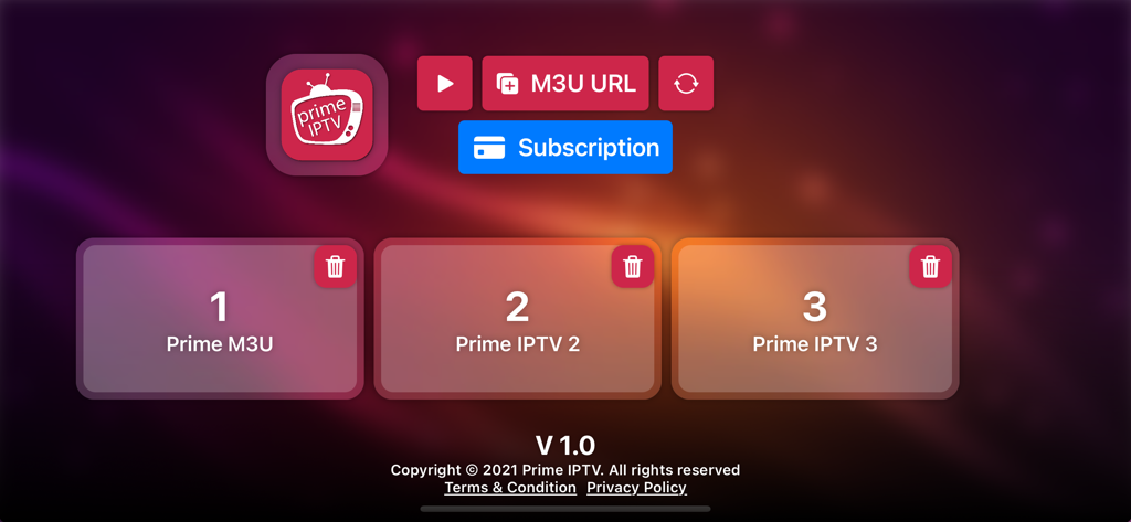 Prime IPTV - Prime IPTV-Startbildschirm mit mehreren gespeicherten M3U-Playlists und der Schaltfläche URL hinzufügen.