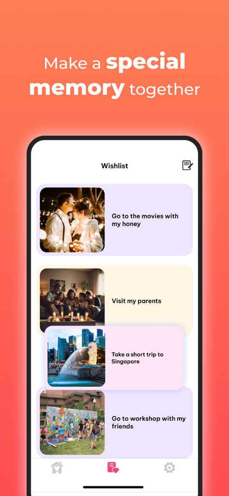 Love tracker app wishlist screen showing couple goals and planned memories with photos