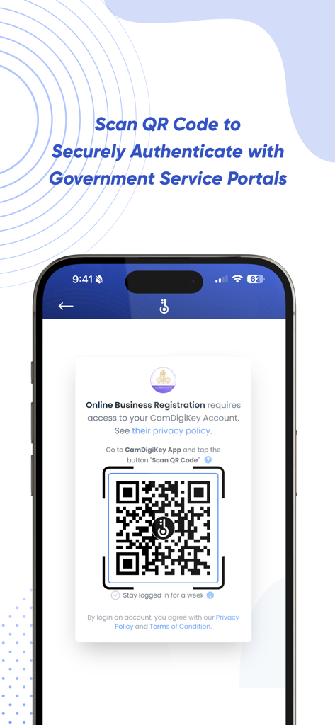 CamDigiKey - CamDigiKey app interface showing a QR code to securely authenticate with Cambodian government service portals.