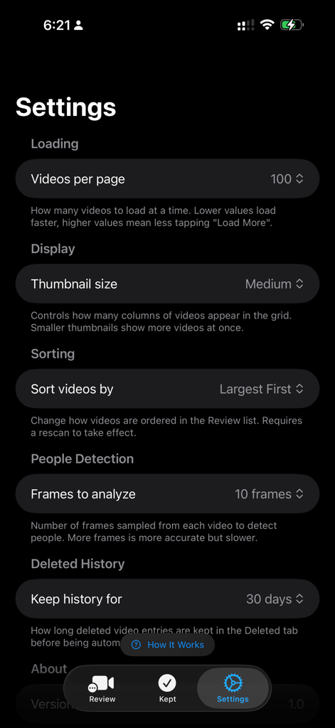 Large Video Cleaner - Pantalla de configuración de la aplicación Limpiador de Vídeos Grandes que muestra opciones para la clasificación de vídeos y la detección de personas