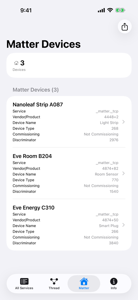 Herald Bonjour Network Browser - Lista de dispositivos inteligentes para el hogar Matter descubiertos con detalles técnicos en la aplicación Herald Bonjour Network Browser.