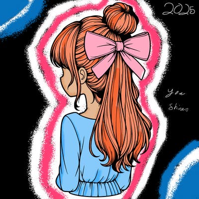 realistic girl  with hip length hair a bun and a big bow on the back of head