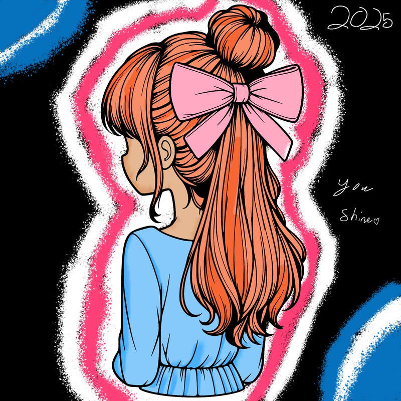 realistic girl  with hip length hair a bun and a big bow on the back of head