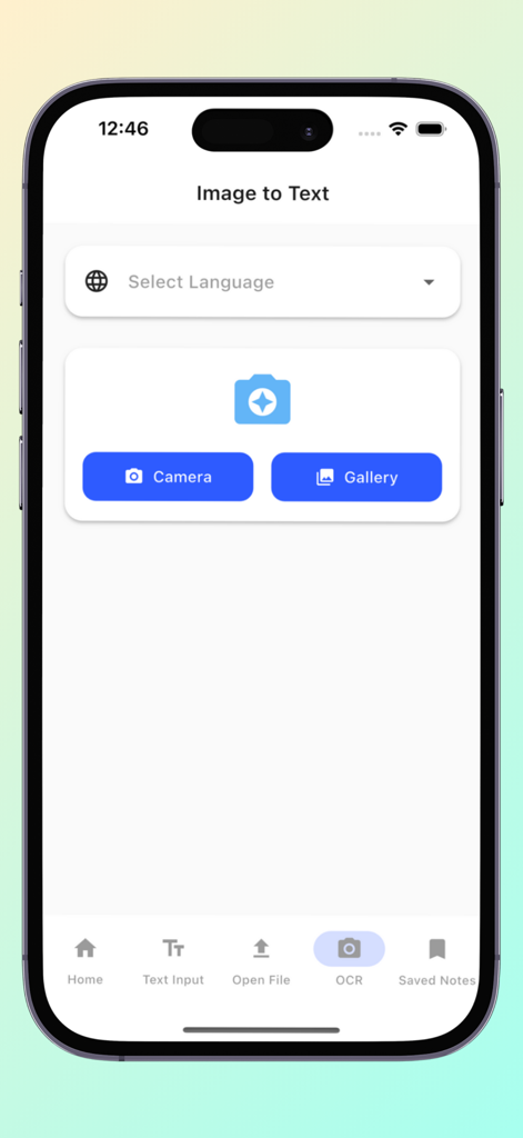 카메라 또는 갤러리 사용 옵션을 보여주는 텍스트 음성 변환 앱의 이미지 텍스트 OCR 기능 스크린샷