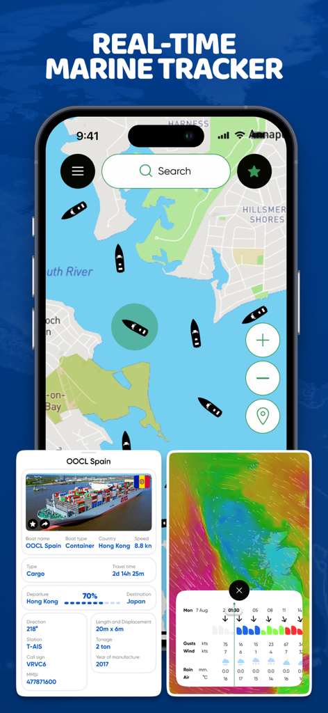 Marine Traffic: Ship Tracker - Un smartphone mostrando un mapa marino en tiempo real con datos de rastreo de barcos y superposiciones meteorológicas