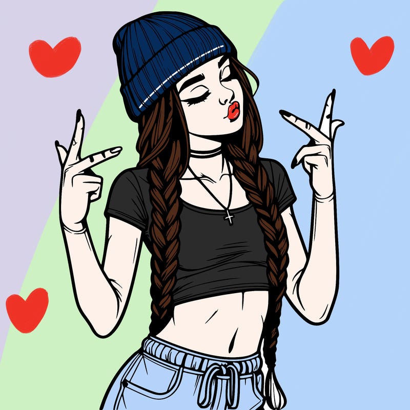 realistic teenage girl with braids and a beanie and crop top doing 🫶🏼