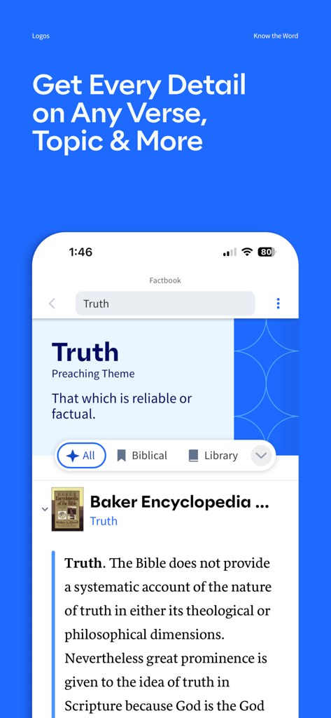 A mobile interface of the Logos Bible Study app showing a Factbook entry for the topic Truth including definitions and encyclopedia references