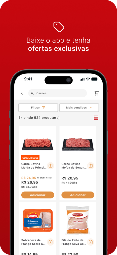 Supper Rissul - Smartphone displaying meat product listings and exclusive discounts in the Supper Rissul grocery app