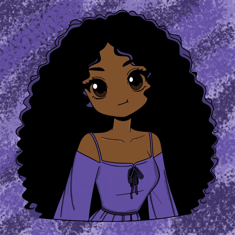 a black anime girl with long afro hair