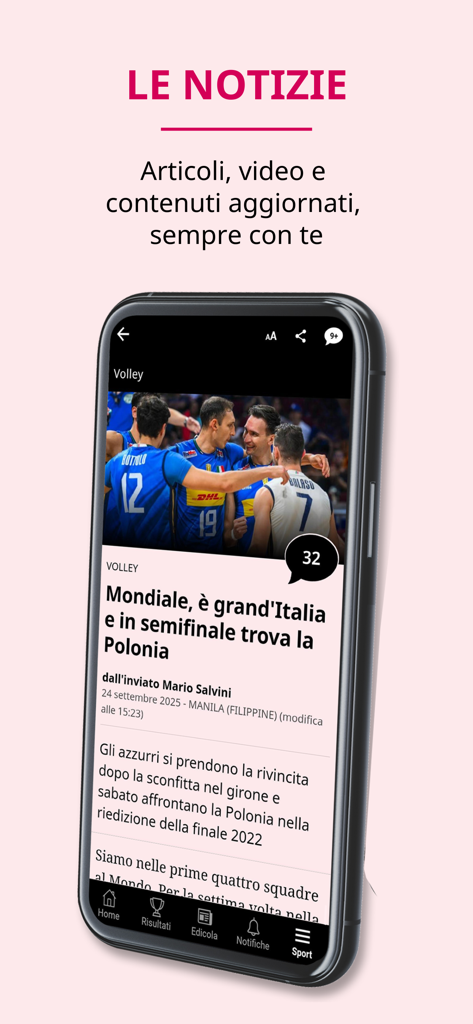 Smartphone displaying the news section of La Gazzetta dello Sport app with an article about volleyball