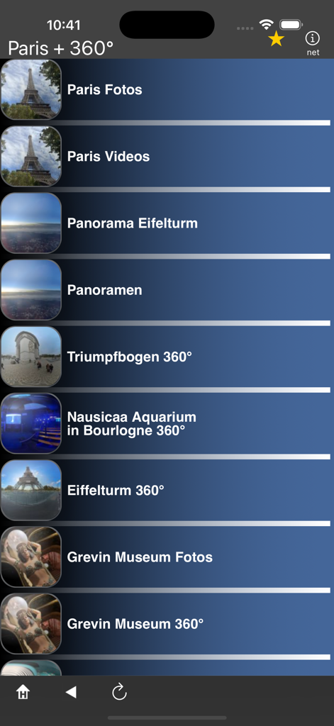 Main menu screen of the Paris 360 travel app showing categories for panoramic tours and landmark photos.