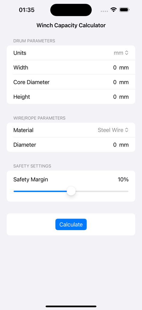 Winch Calculator: Wire Length - Interfaz de la calculadora de capacidad de cabrestante que muestra campos de entrada para parámetros del tambor, especificaciones del cable de acero y margen de seguridad