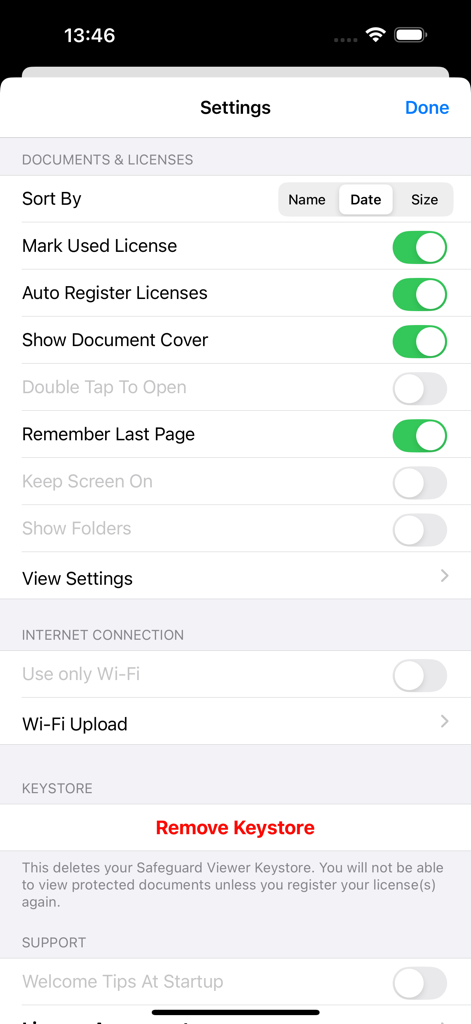 Settings screen of Locklizard Safeguard Viewer showing document management and license options