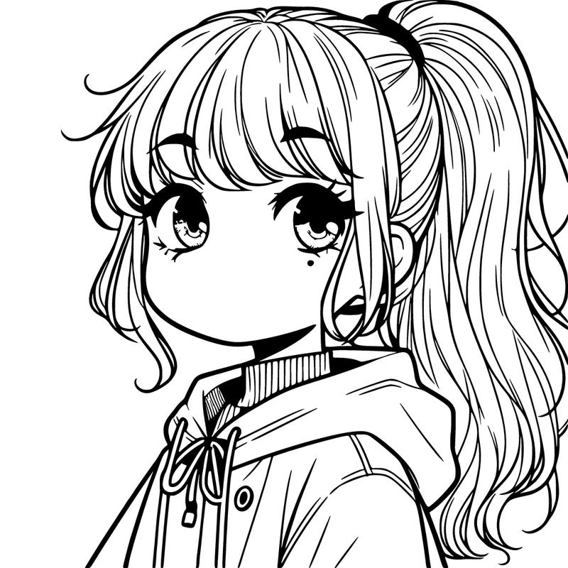 manga girl whith freckles rain coat one pony tail