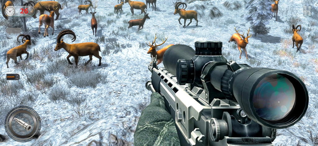 Deer Hunting Sniper 3D - Egoperspektive eines Sniper-Gewehrs, das auf Hirsche in einer verschneiten Berglandschaft zielt