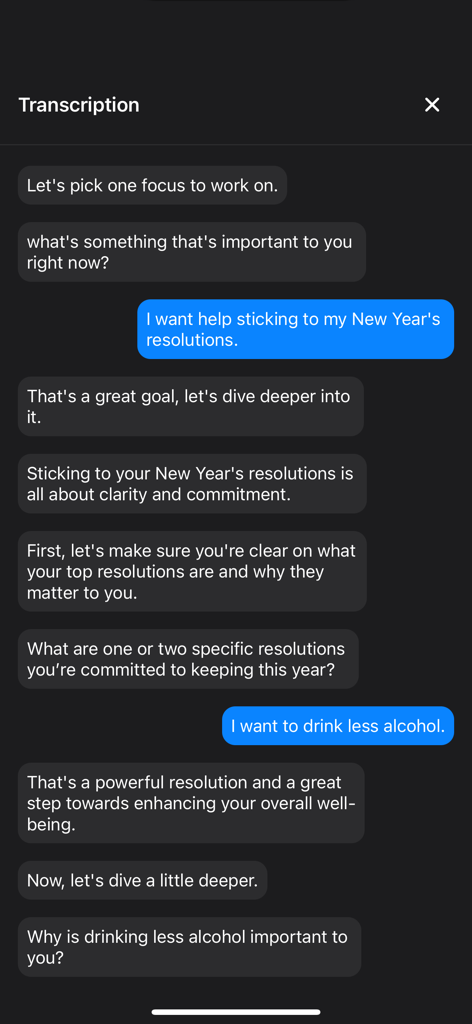 Una interfaz de chat de la aplicación Tony Robbins AI que muestra una conversación sobre cómo establecer y cumplir las resoluciones de Año Nuevo con un coach de vida IA.