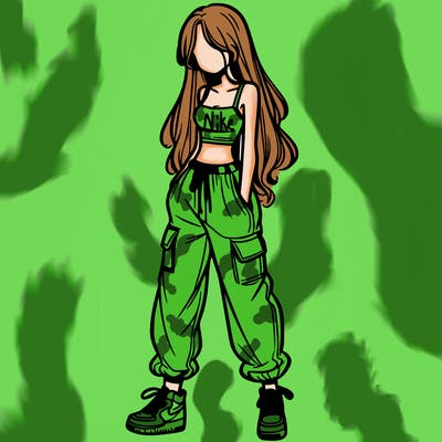 girl in baggy pants crop top and long hair