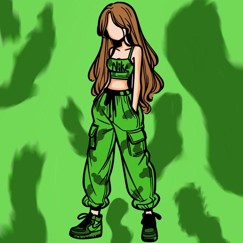 girl in baggy pants crop top and long hair