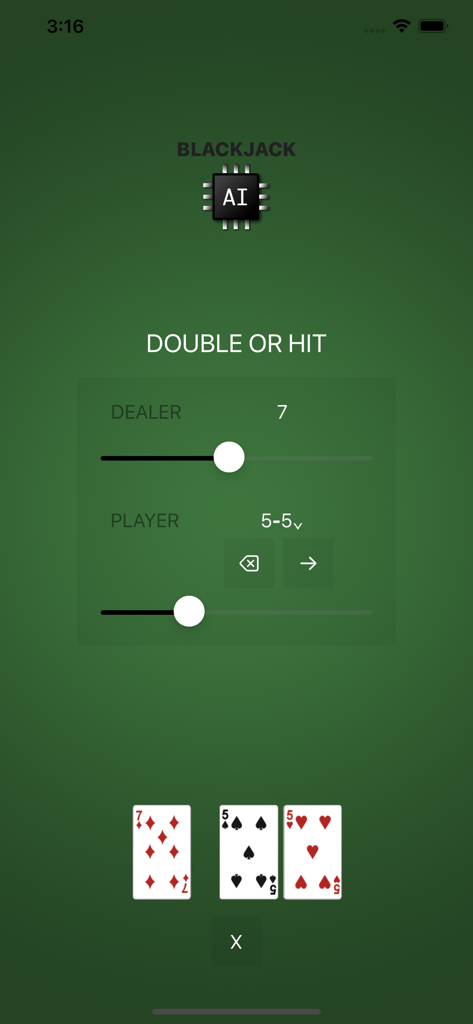 ブラックジャックAIアプリインターフェース ディーラーカードが7、プレイヤーカードが5、5の場合にダブルまたはヒットを推奨