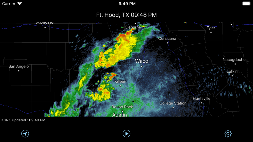 Radar Pro - NEXRAD weather radar map of Central Texas showing precipitation over Waco and Austin