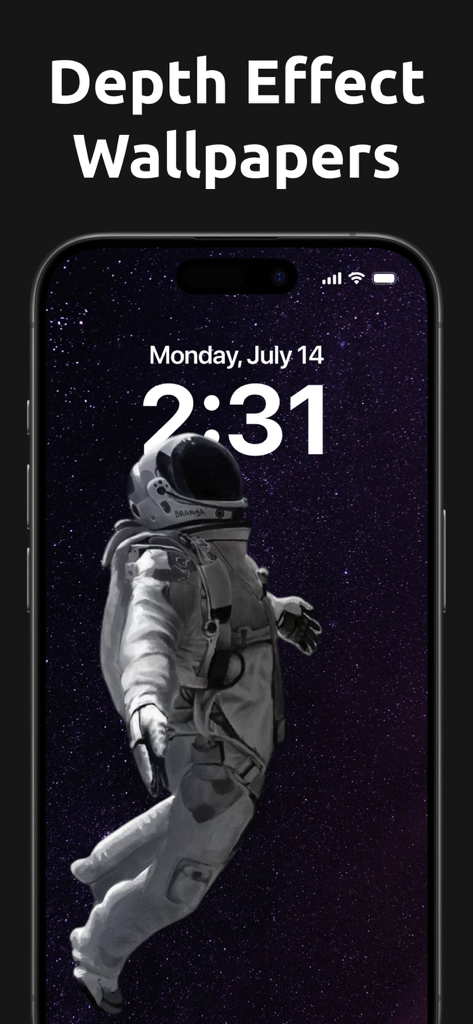 Wallpapers HD, 4K & Live - Una pantalla de bloqueo de iPhone mostrando un fondo de pantalla de efecto de profundidad de alta resolución de un astronauta flotando en el espacio.