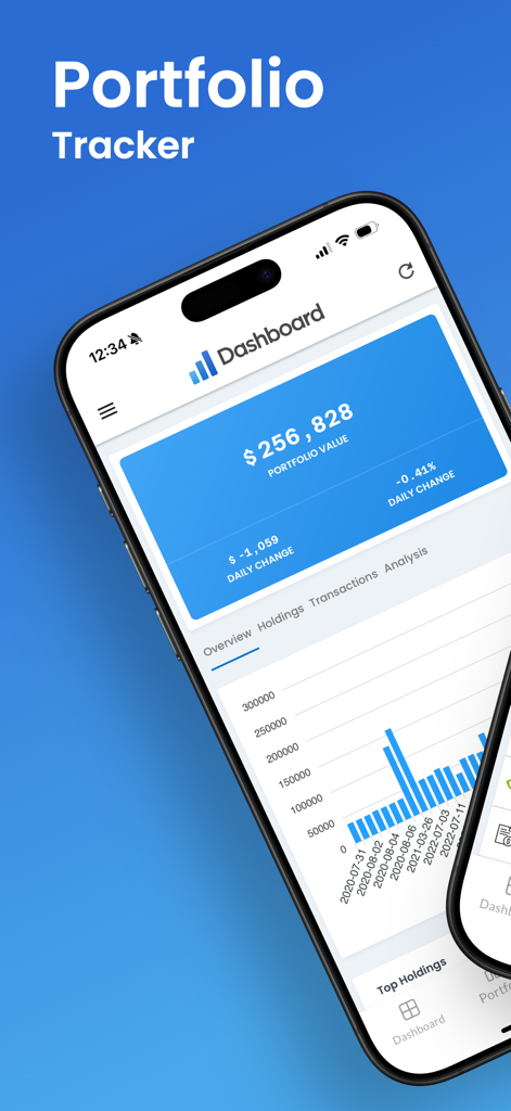 Dashboard app on iPhone displaying total net worth and investment performance charts