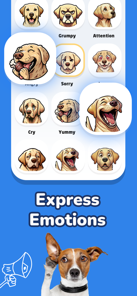 A display of dog emotion icons in the Dog Translator app