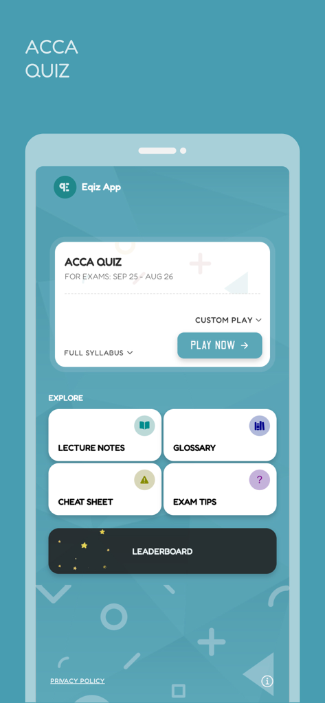 ACCA QUIZ: All-in-One - Panel de inicio de la app ACCA QUIZ que muestra herramientas de estudio como apuntes de clase, glosario, chuletas y un botón de 'jugar ahora' para las trivias.