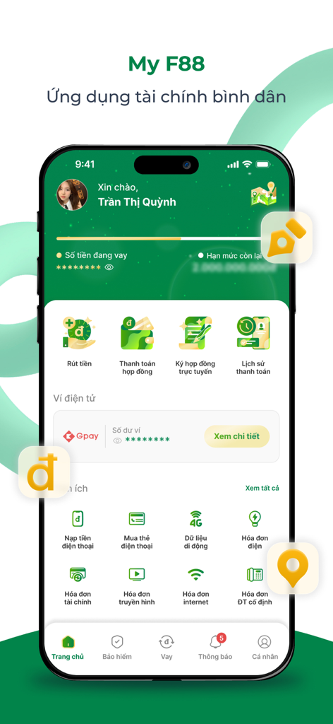 My F88 - Startbildschirm der My F88 App mit Kreditverwaltung und Stromrechnungszahlungsdiensten
