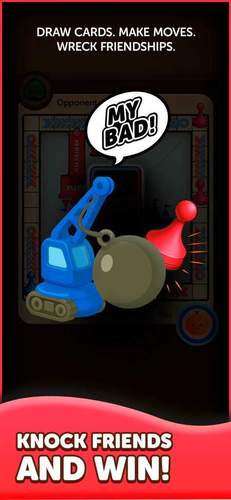 A cartoon crane hitting a red game piece on a game board with the text My Bad