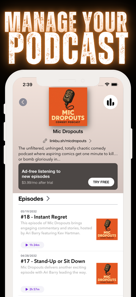 A screenshot of the podcast management screen in Life Simulator Podcast Star showing the Mic Dropouts episode list