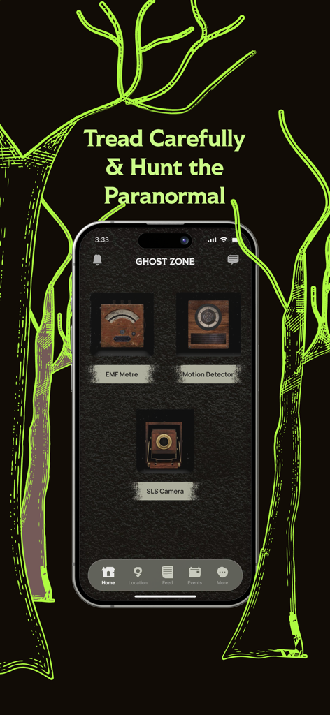 GHOST - GHOST app screen displaying paranormal investigation tools including EMF metre, motion detector, and SLS camera.
