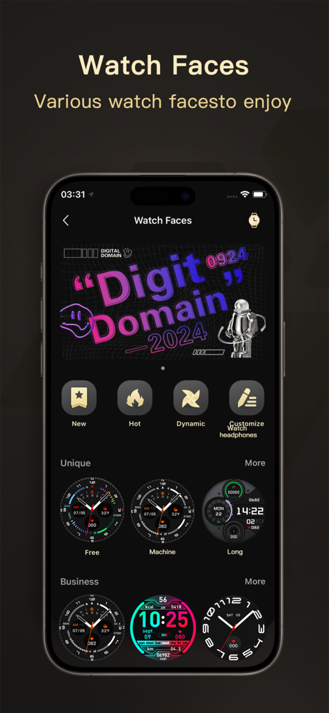 A variety of stylish and customizable watch face designs within the WearJoy app interface.