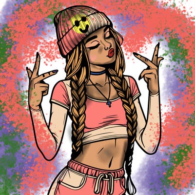 realistic teenage girl with braids and a beanie and crop top doing 🫶🏼