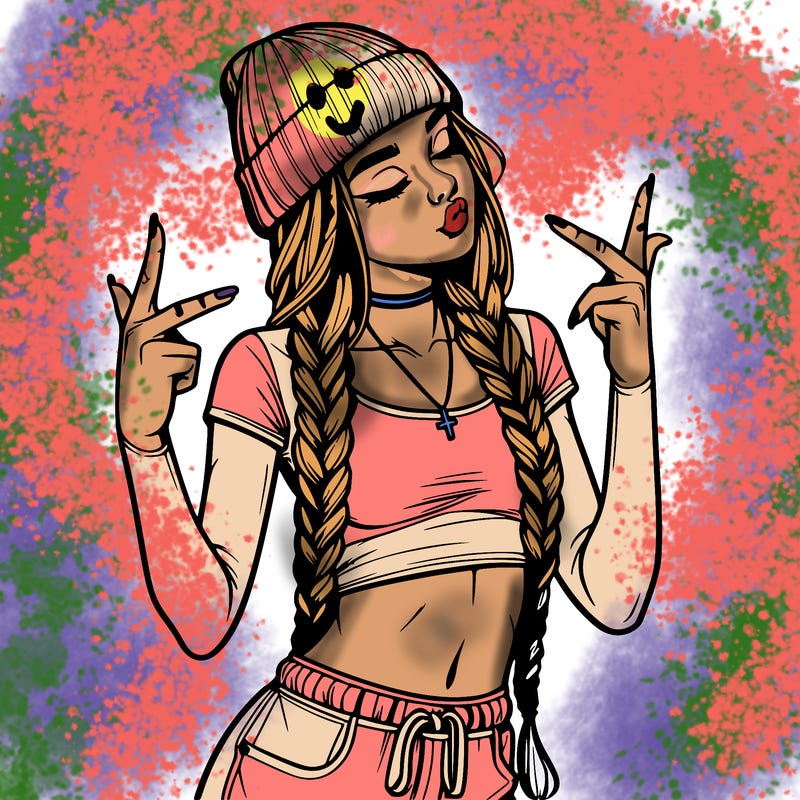 realistic teenage girl with braids and a beanie and crop top doing 🫶🏼