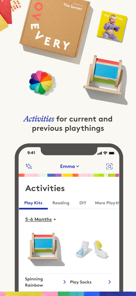 Smartphone displaying the Lovevery app Activities screen featuring curated baby toys and developmental play kits for children