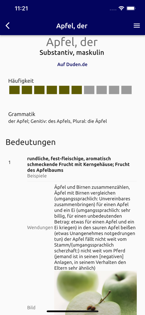 Interface of the Onlinewörterbuch app displaying a German dictionary entry for the word Apfel including grammar and frequency info.