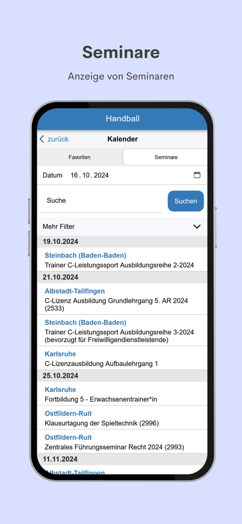 H4A App - Screenshot of the H4A App showing a calendar view of handball coaching and official seminars