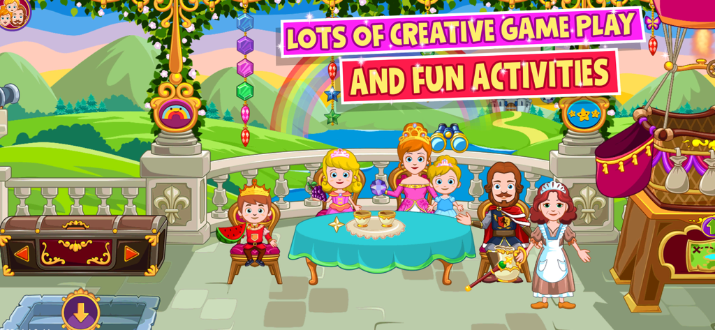 Personagens da família real e uma cena de refeição em uma varanda do castelo com um arco-íris ao fundo.