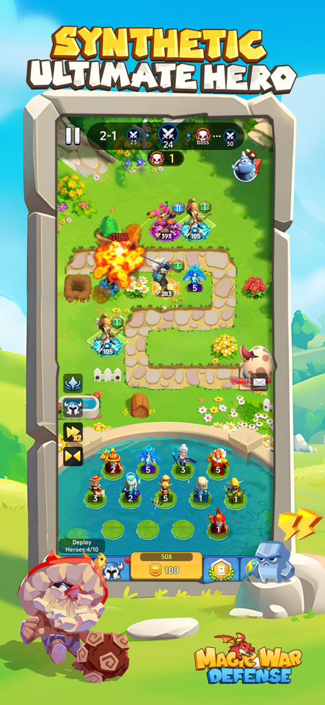 Magic War: Defense - Magic War Defenseの戦略的タワーディフェンスゲームプレイ。ヒーロー合成とレーンディフェンスを特徴としている。