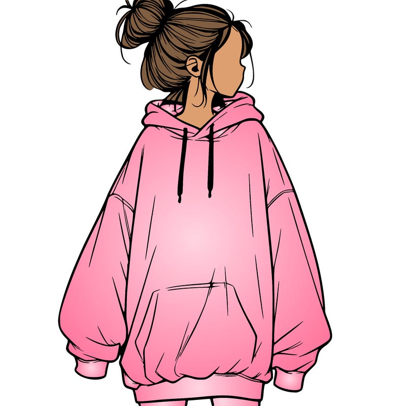 realistic girl with a oversized sweatshirt on and a bun