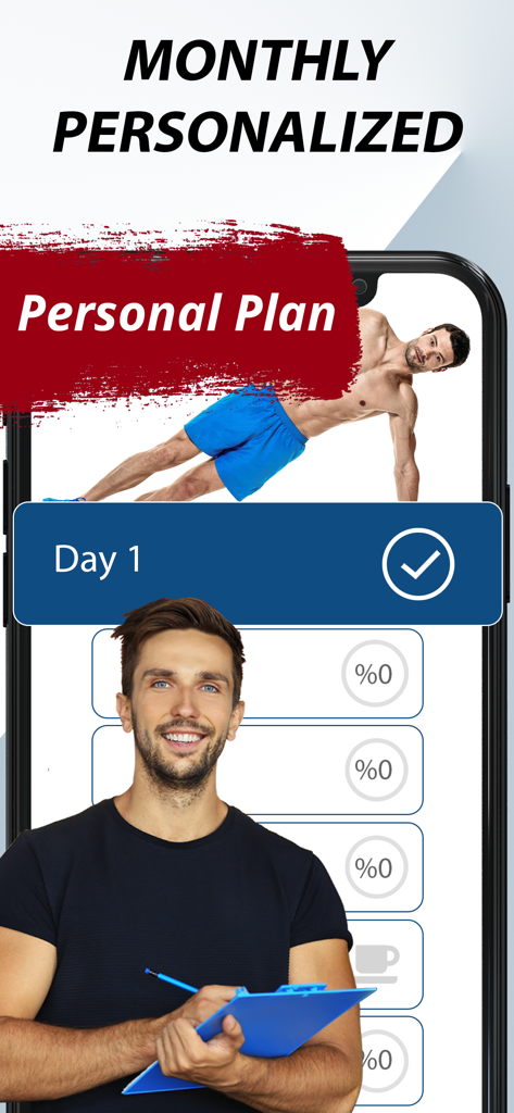 Arm Workouts for Men - A screenshot of the Arm Workouts for Men app showing a monthly personalized training plan and a fitness coach